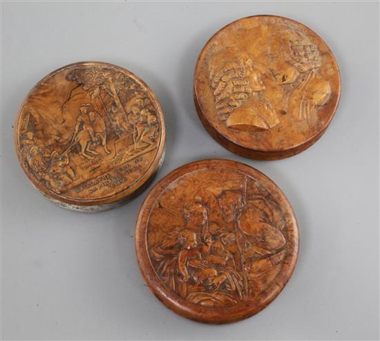 Three 19th century French Bois Durci snuff boxes, 3.25in.